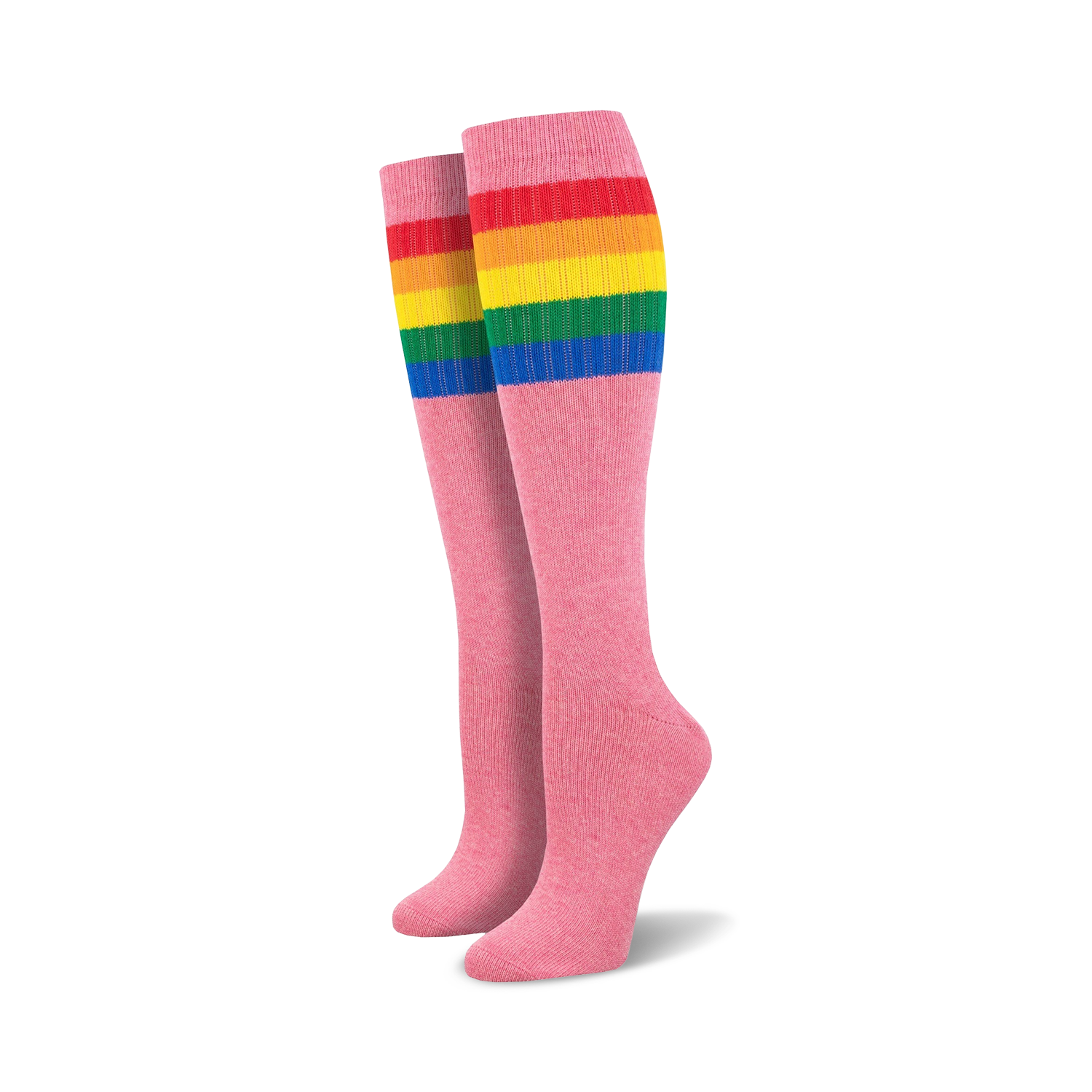 Pair of pink knee-high socks with a vibrant rainbow striped cuff against a white background.
