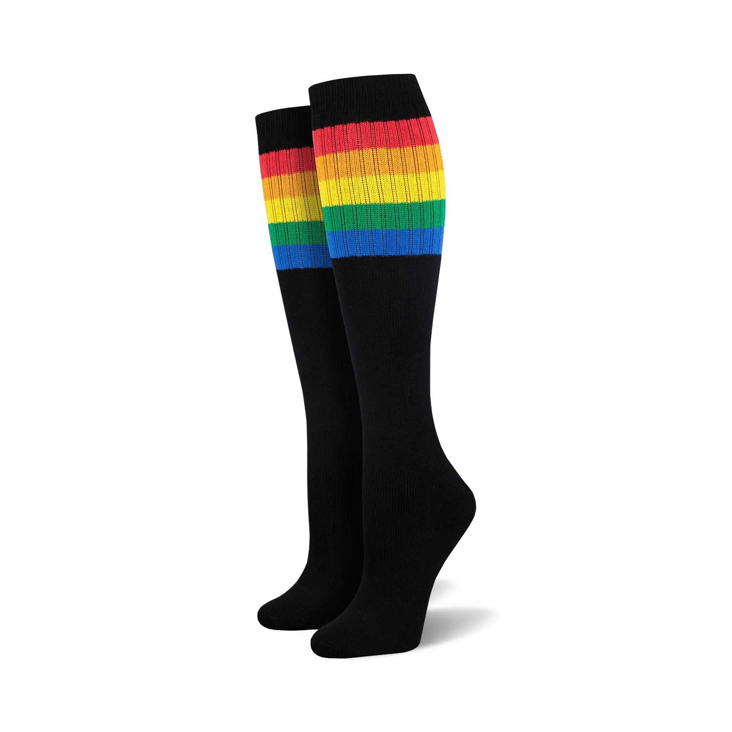 Pair of black knee-high socks with a vibrant rainbow striped cuff against a white background.