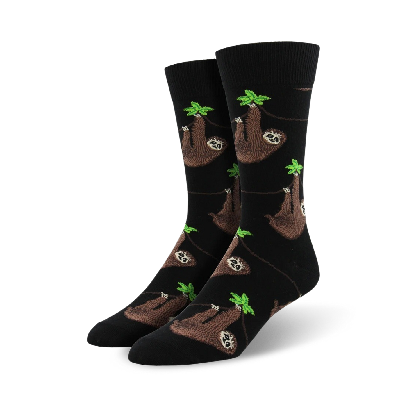 A pair of black crew socks with a repeating pattern of brown sloths hanging from green leaves. 