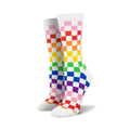 Pair of rainbow checkered crew socks.  White background with pink, orange, yellow, green, blue, and purple squares. Fun and vibrant!