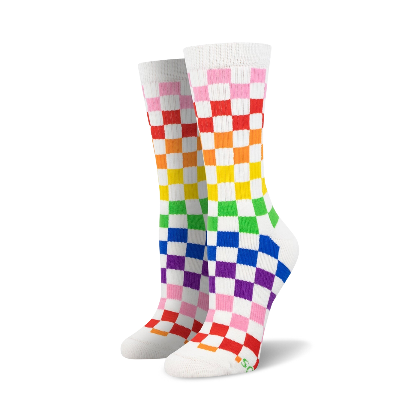 Pair of rainbow checkered crew socks.  White background with pink, orange, yellow, green, blue, and purple squares. Fun and vibrant!