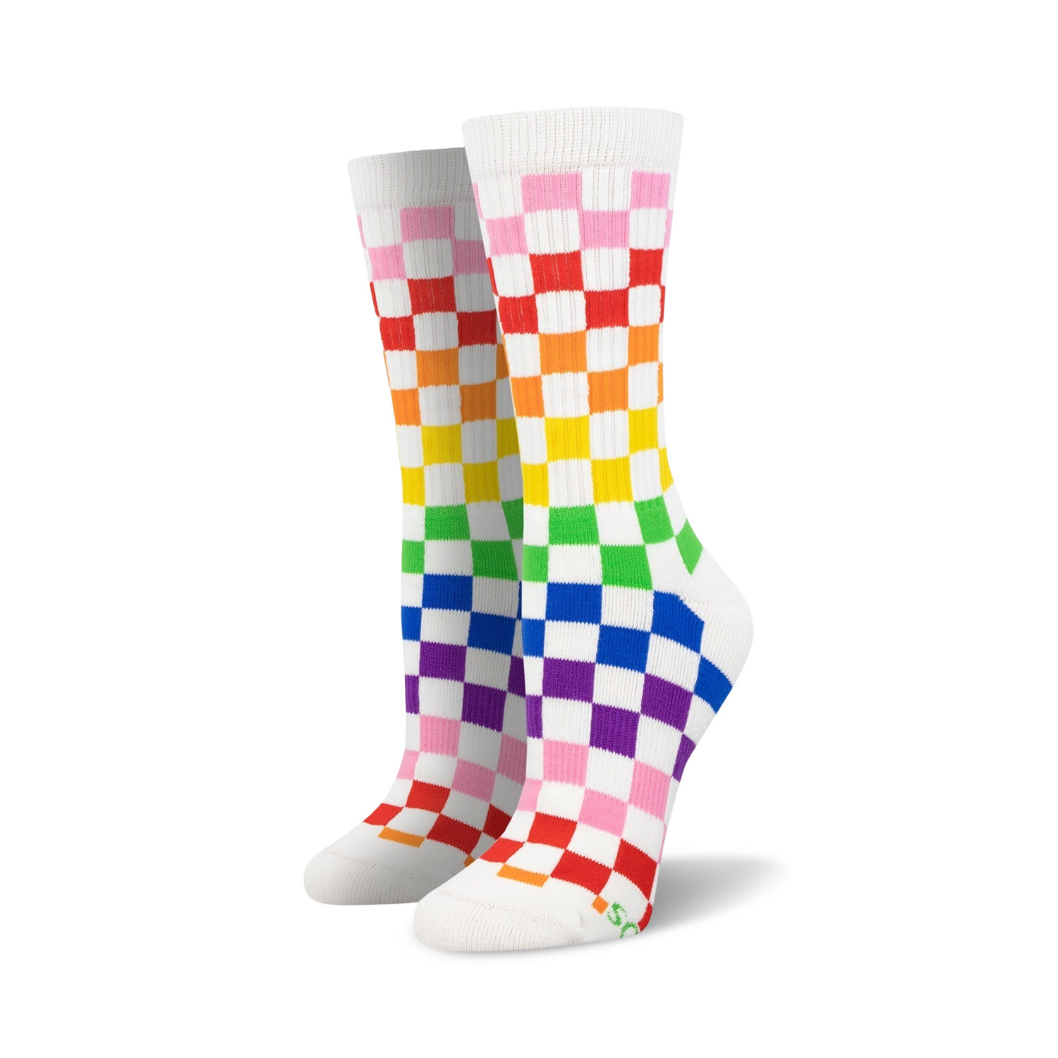Pair of rainbow checkered crew socks.  White background with pink, orange, yellow, green, blue, and purple squares. Fun and vibrant!