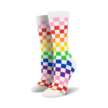 checkered-rainbow crew socks in white, red, orange, yellow, green, blue, purple for men and women.    