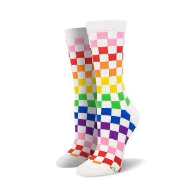 Pair of rainbow checkered crew socks.  White background with pink, orange, yellow, green, blue, and purple squares. Fun and vibrant!