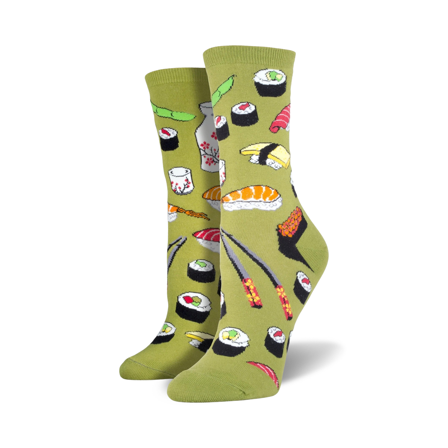Pair of women's crew socks in olive green, featuring a fun pattern of sushi, soy sauce bottles, wasabi, and chopsticks.