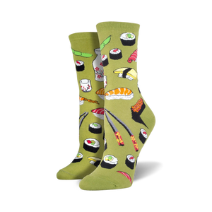 sushi-patterned socks for women with vibrant colors of sushi, chopsticks, and other japanese food.  