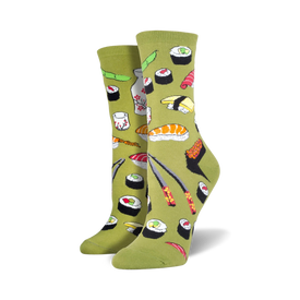 sushi food & drink themed womens green novelty crew socks