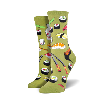 sushi-patterned socks for women with vibrant colors of sushi, chopsticks, and other japanese food.  