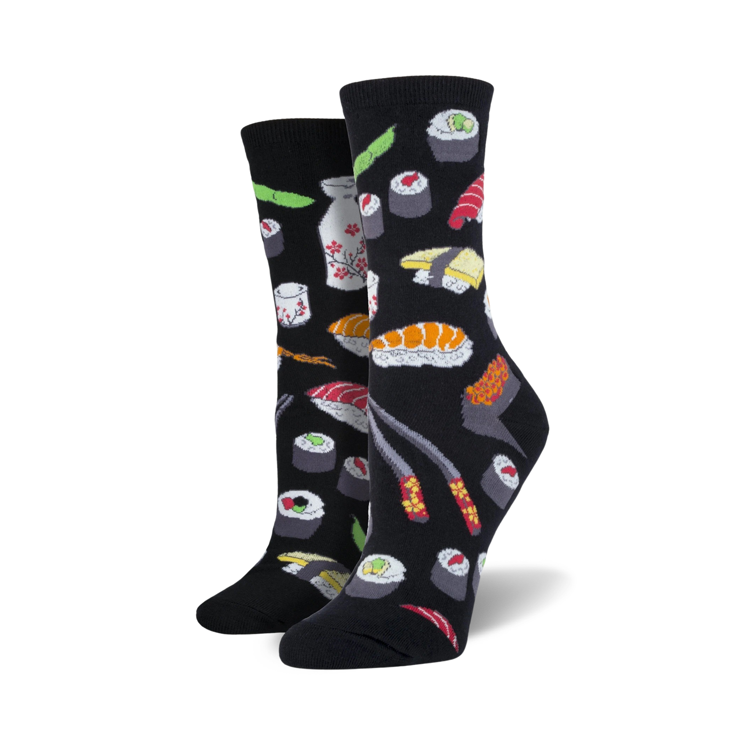 A close-up lifestyle shot showing the black Sushi socks on a model's feet.