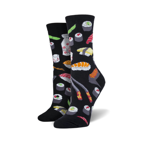 A close-up lifestyle shot showing the black Sushi socks on a model's feet.