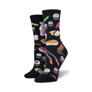 sushi socks with chopsticks, nigiri, and rolls in black fit for women's feet.  