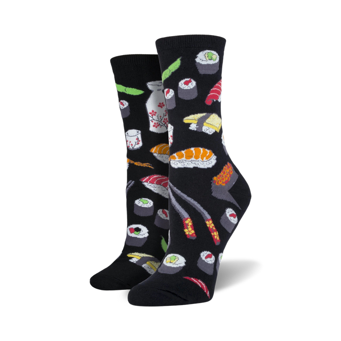 sushi socks with chopsticks, nigiri, and rolls in black fit for women's feet.  