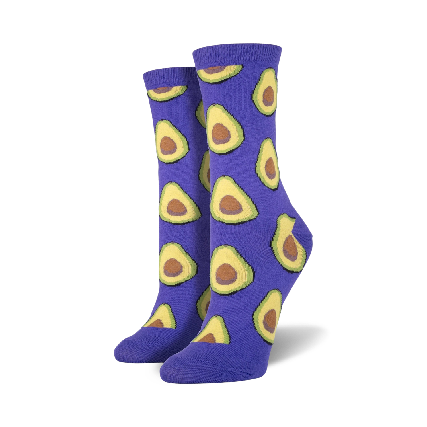 Pair of crew socks with an all-over avocado print. Available in purple and green.