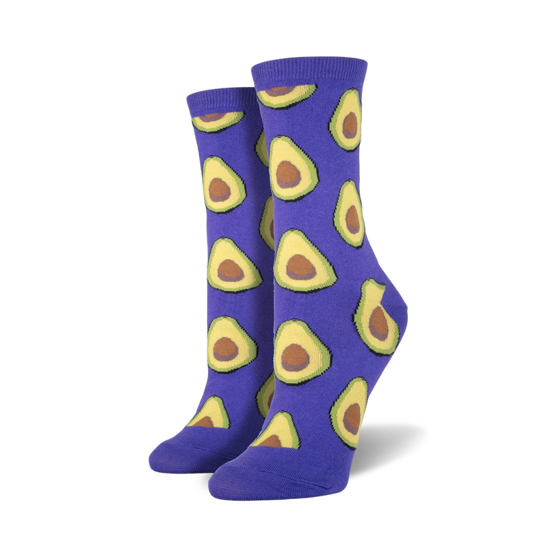 Pair of crew socks with an all-over avocado print. Available in purple and green.