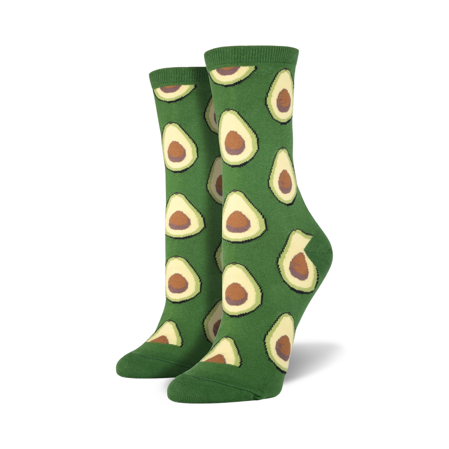 Lifestyle shot of a person wearing green avocado crew socks.