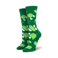 Pair of green crew socks with a whimsical putting green and flag design. 