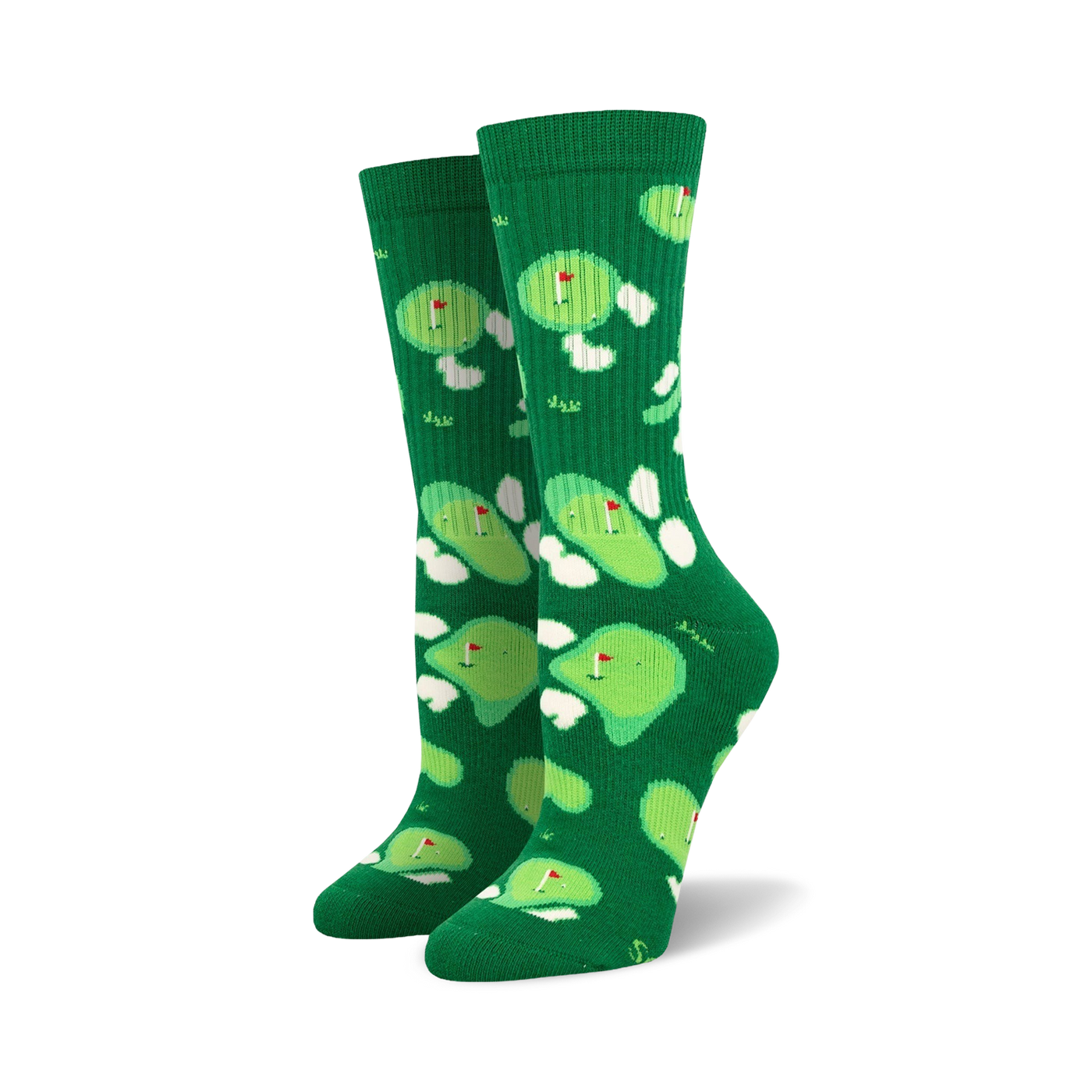Pair of green crew socks with a whimsical putting green and flag design. 