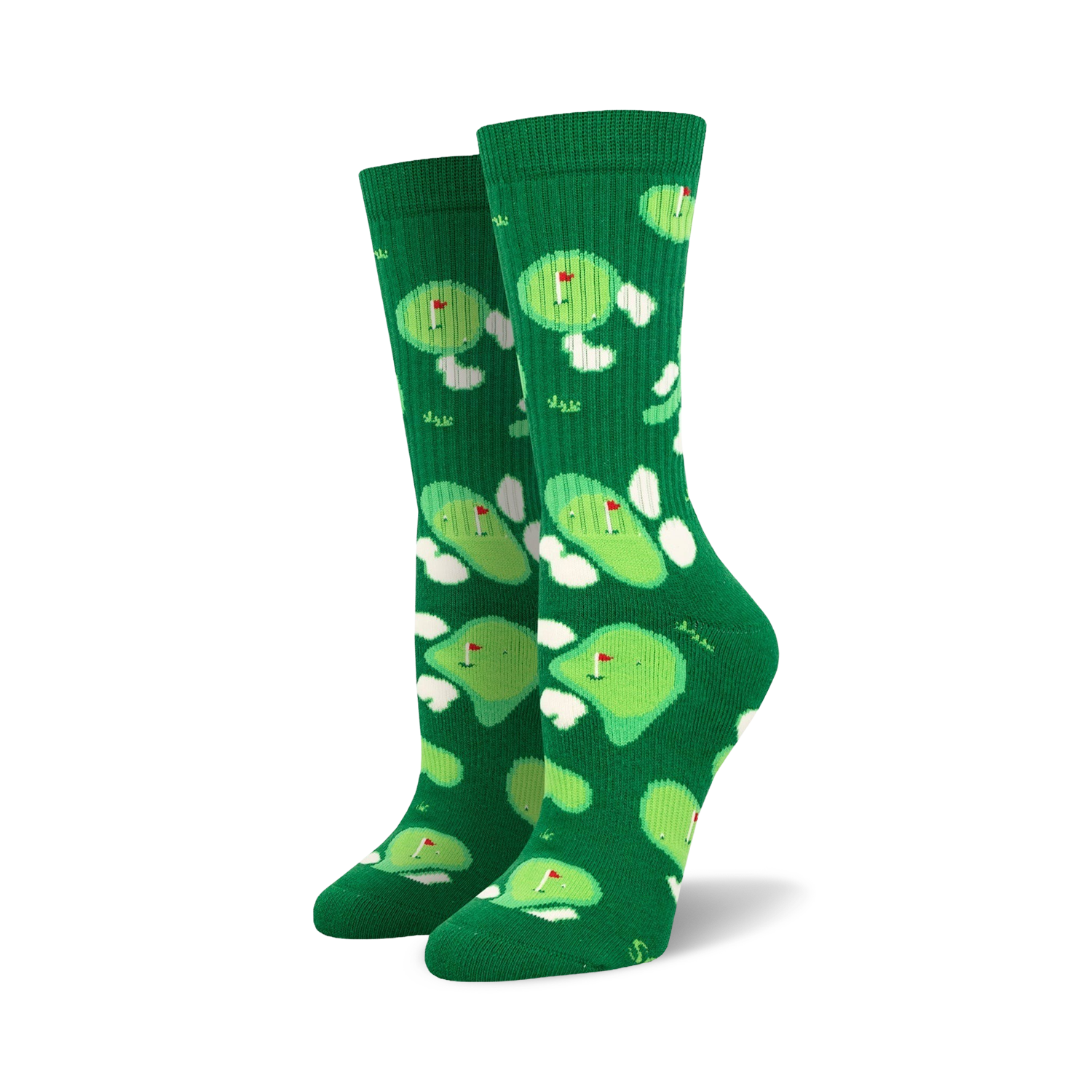 Pair of green crew socks with a whimsical putting green and flag design. 