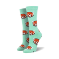 Pair of mint green crew socks with a repeating pattern of red panda faces.  The pandas are illustrated in a slightly pixelated style.