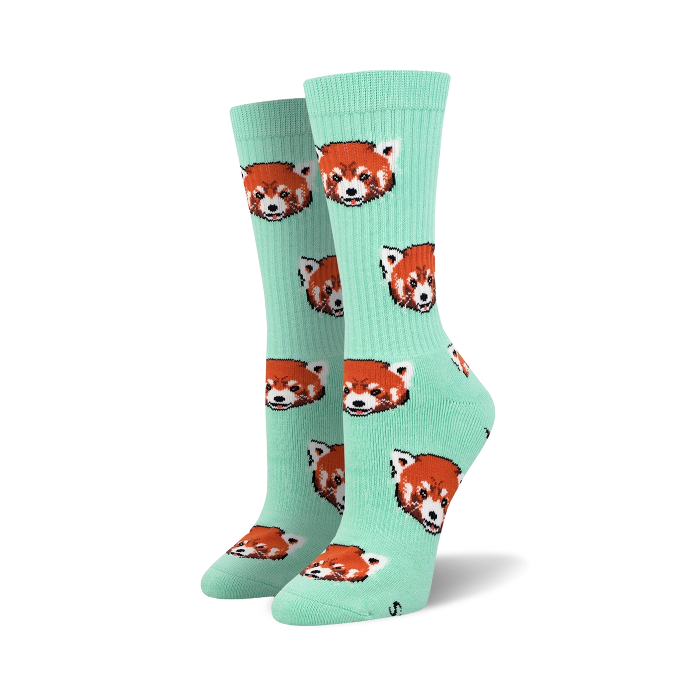 Pair of mint green crew socks with a repeating pattern of red panda faces.  The pandas are illustrated in a slightly pixelated style.