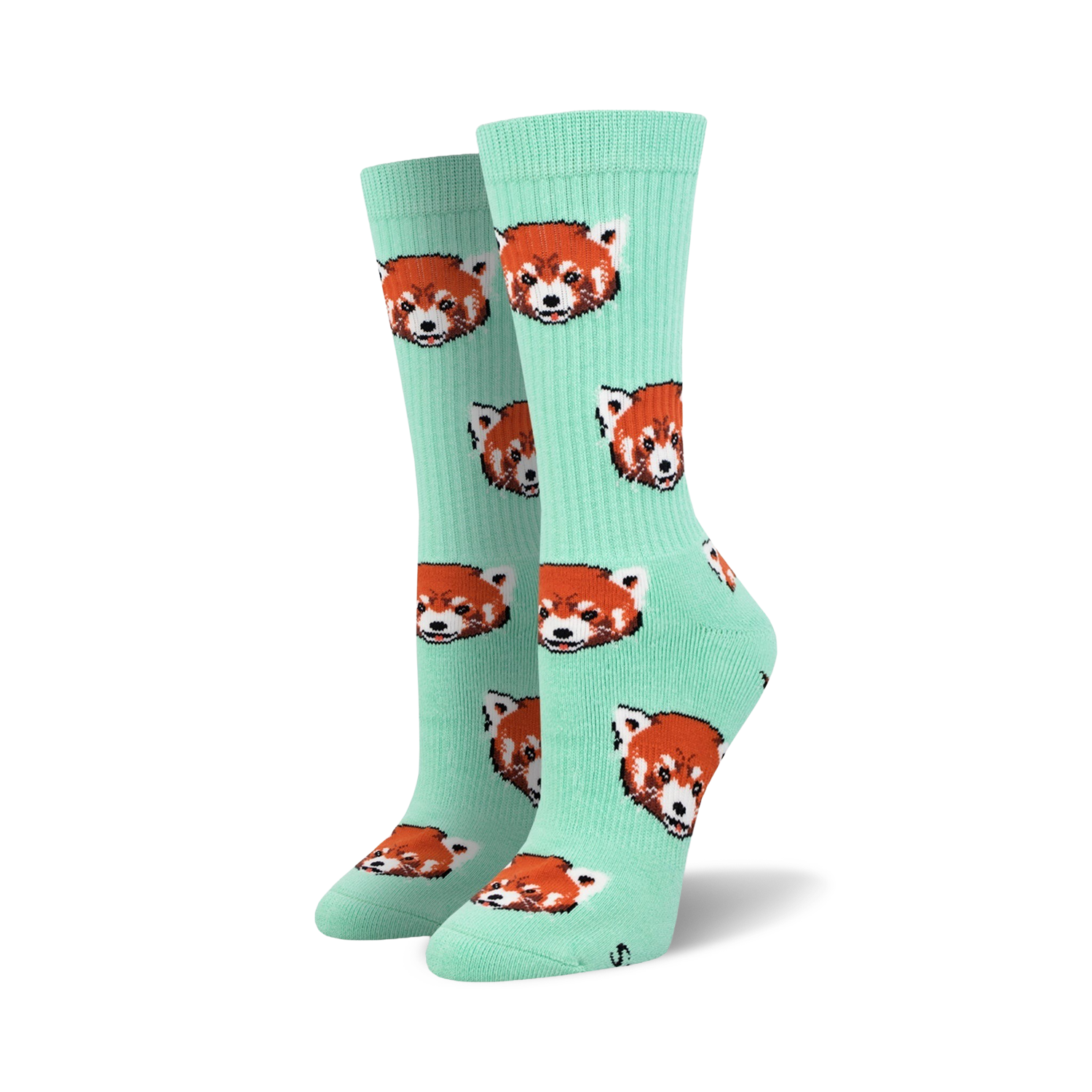 Pair of mint green crew socks with a repeating pattern of red panda faces.  The pandas are illustrated in a slightly pixelated style.