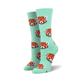 crew length men's socks with cartoon red panda pattern in mint green.   