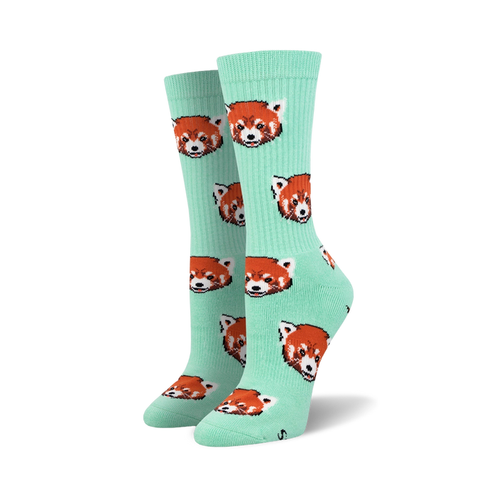 crew length men's socks with cartoon red panda pattern in mint green.    }}