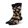 Pair of black crew socks adorned with colorful pizza slice patterns. A fun and quirky design for pizza enthusiasts.