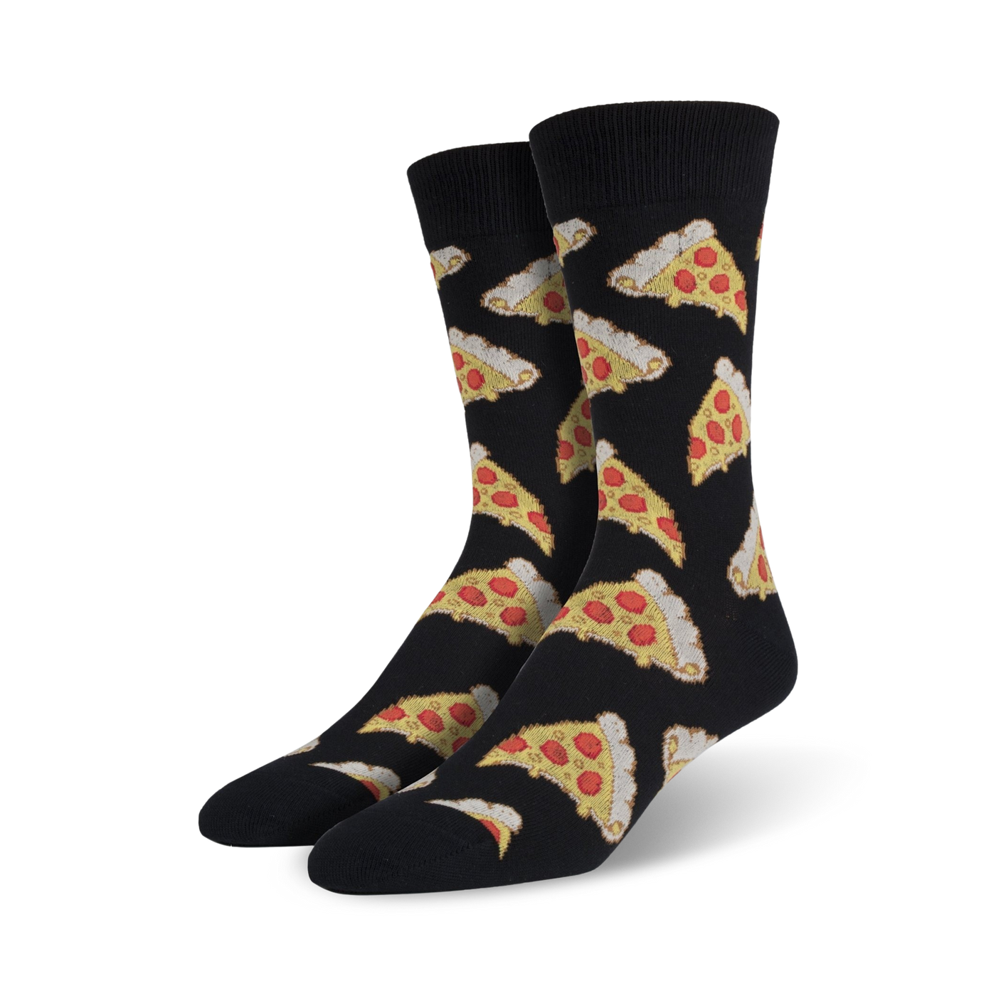 Pair of black crew socks adorned with colorful pizza slice patterns. A fun and quirky design for pizza enthusiasts.