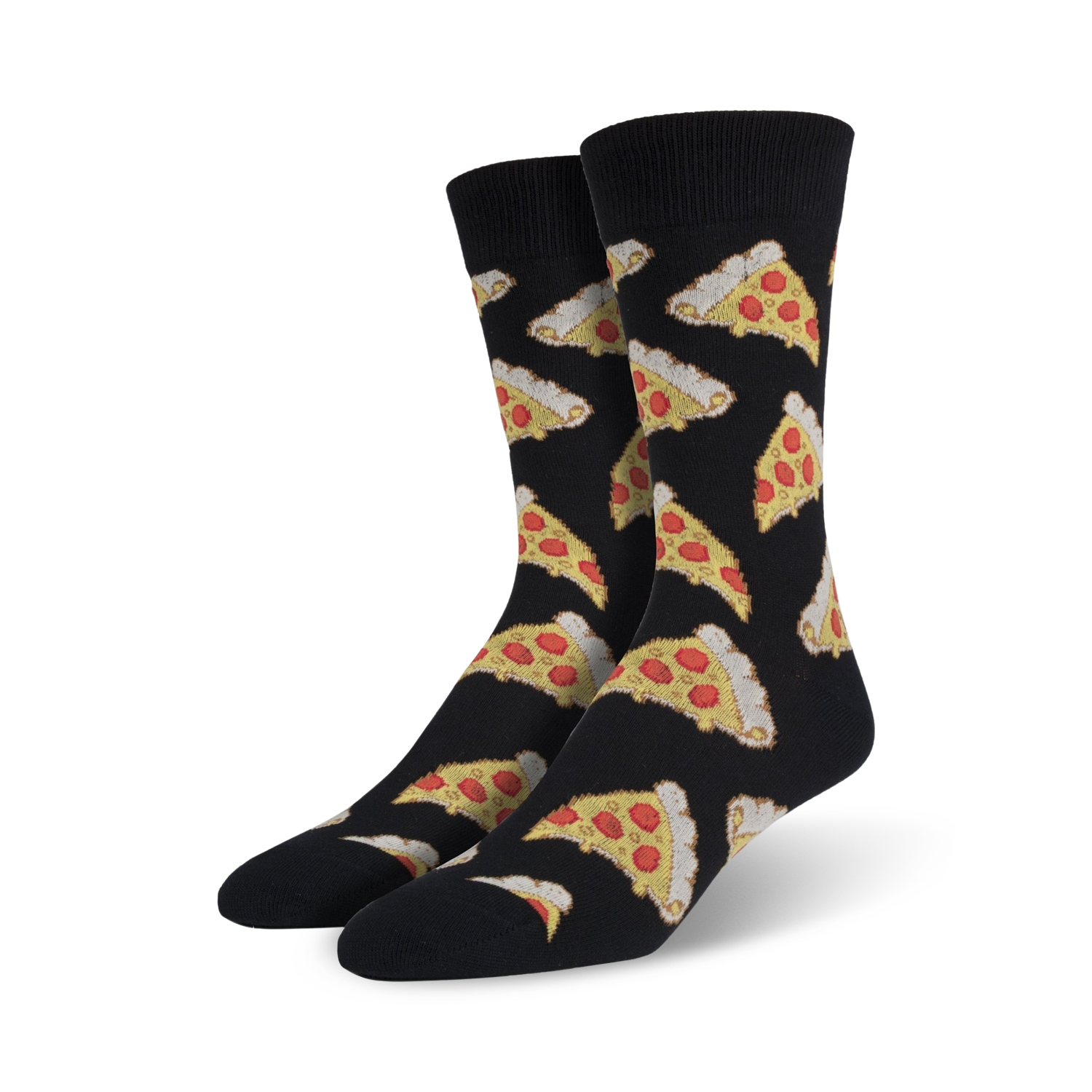 Pair of black crew socks adorned with colorful pizza slice patterns. A fun and quirky design for pizza enthusiasts.