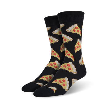 black crew socks with red, yellow, orange and white pizza slices.  