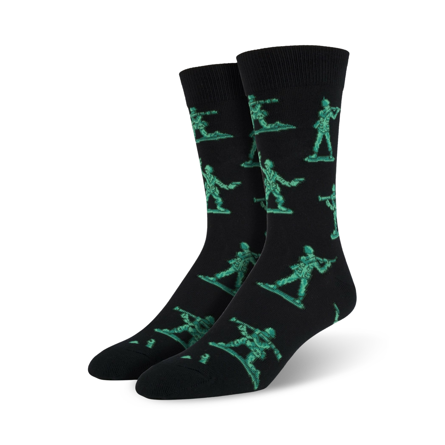 Pair of black crew socks featuring a repeating pattern of teal pixelated army men. Fun and playful design.