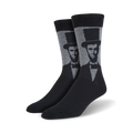 Pair of men's crew socks showcasing a grayscale portrait of Abraham Lincoln in a top hat.  Black and gray color scheme.
