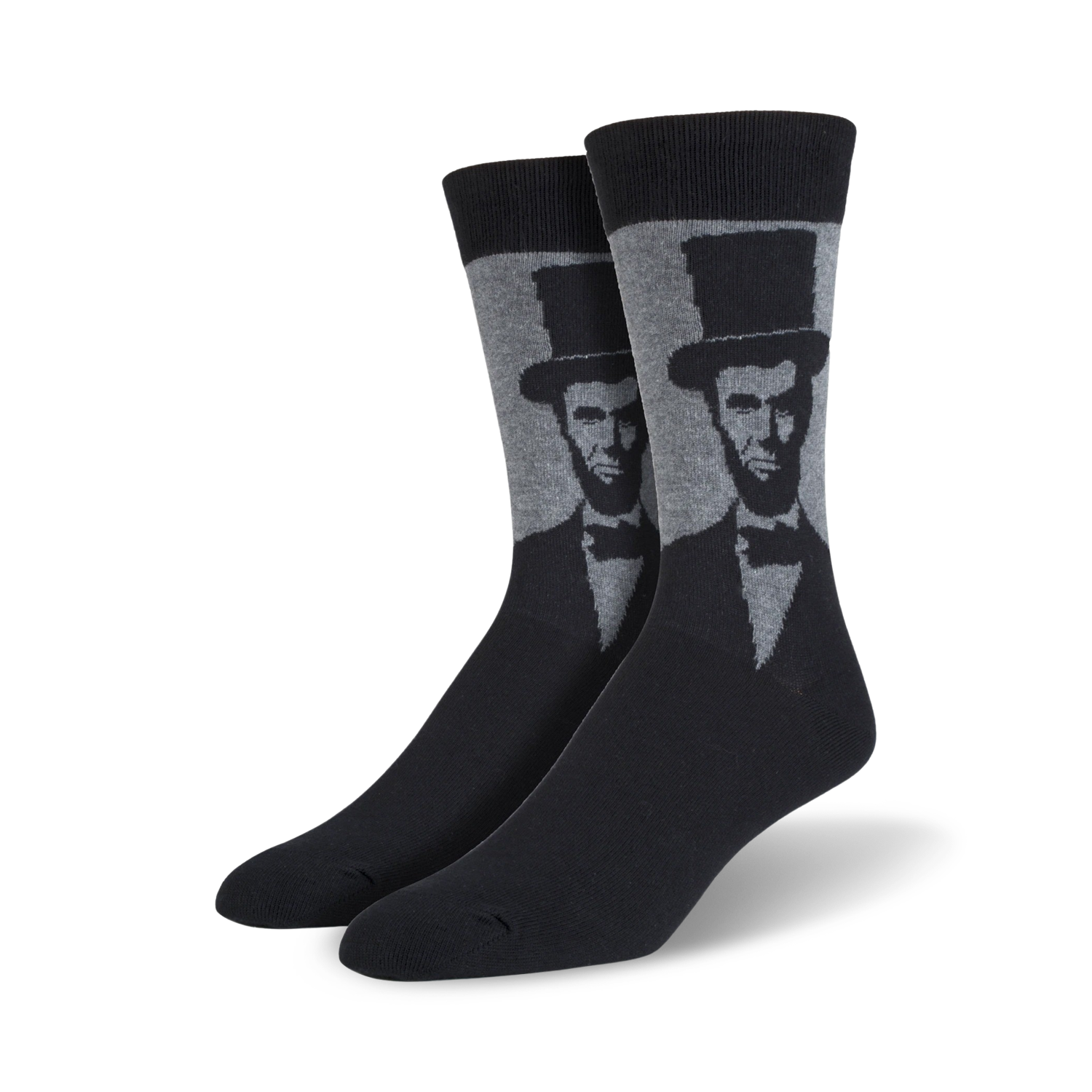 Pair of men's crew socks showcasing a grayscale portrait of Abraham Lincoln in a top hat.  Black and gray color scheme.