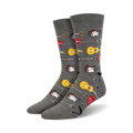 Pair of grey crew socks with a pattern of colorful guitars, including electric and acoustic, arranged horizontally.