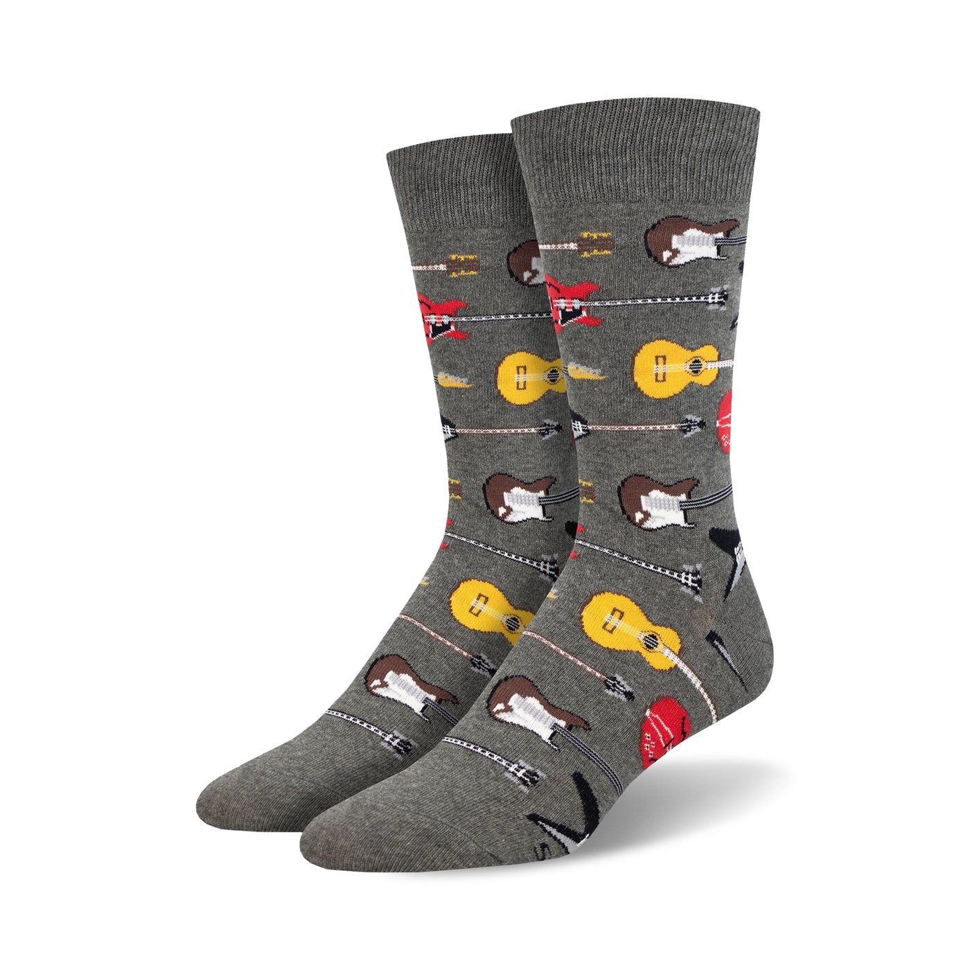 Pair of grey crew socks with a pattern of colorful guitars, including electric and acoustic, arranged horizontally.