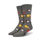 Pair of grey crew socks with a pattern of colorful guitars, including electric and acoustic, arranged horizontally.