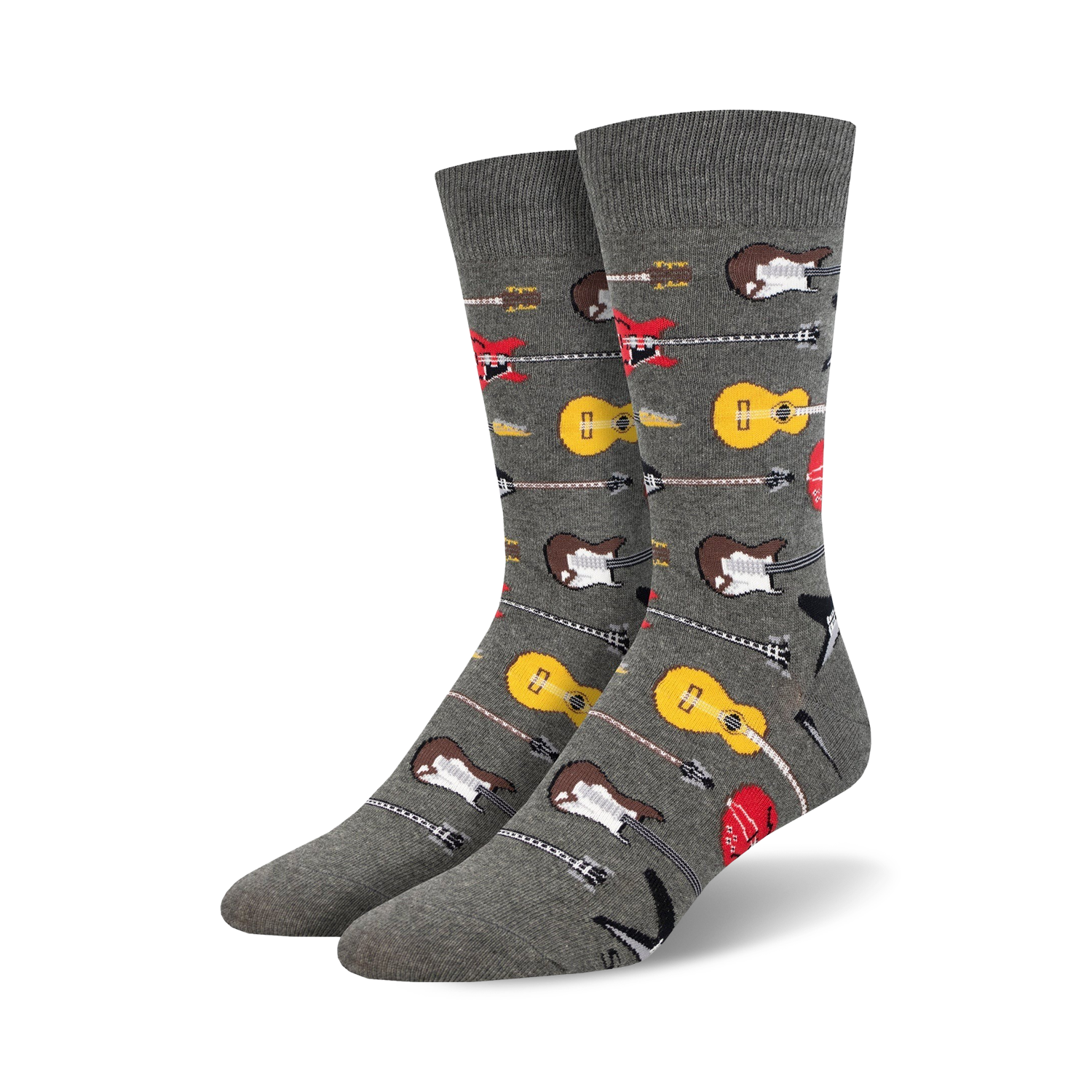 Pair of grey crew socks with a pattern of colorful guitars, including electric and acoustic, arranged horizontally.