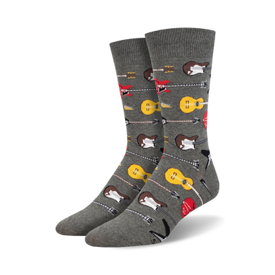 gray crew socks with guitar pattern in red, yellow, brown, white, and black.   