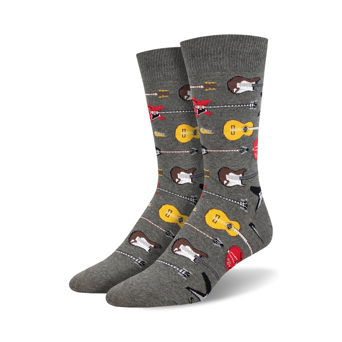 gray crew socks with guitar pattern in red, yellow, brown, white, and black.    }}