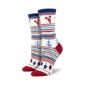 Cream crew socks with navy blue, red, and gray stripes. Features illustrations of lobsters, anchors, and popsicles.