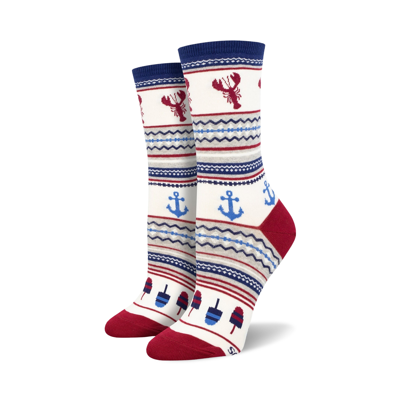 Cream crew socks with navy blue, red, and gray stripes. Features illustrations of lobsters, anchors, and popsicles.