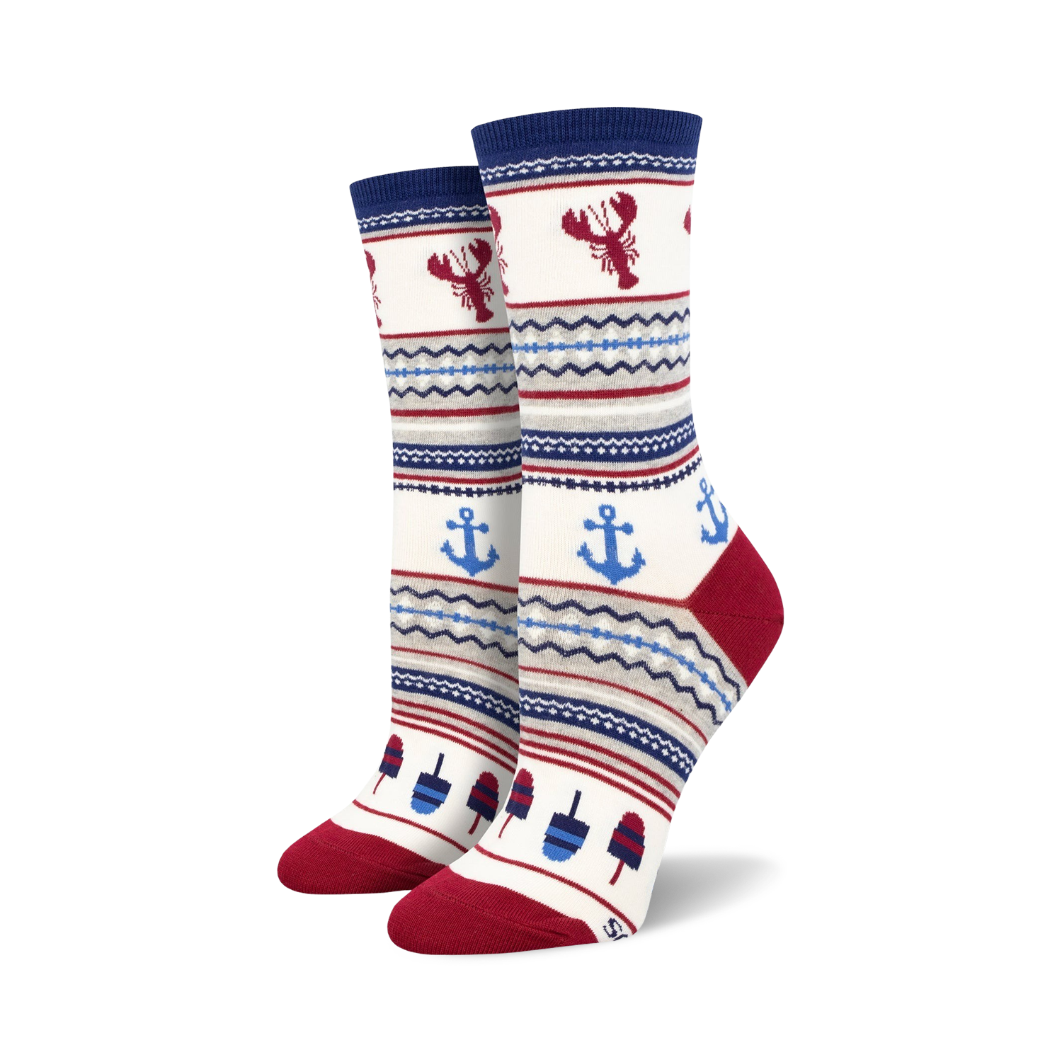 Cream crew socks with navy blue, red, and gray stripes. Features illustrations of lobsters, anchors, and popsicles.