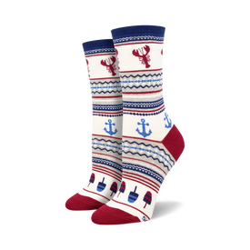 red lobsters, blue anchors, red, white and blue popsicles pattern women's crew socks with red heel and toe and blue and red stripes at top.   