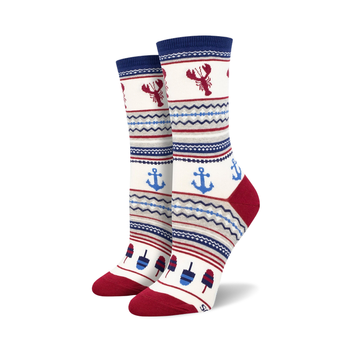 red lobsters, blue anchors, red, white and blue popsicles pattern women's crew socks with red heel and toe and blue and red stripes at top.    }}