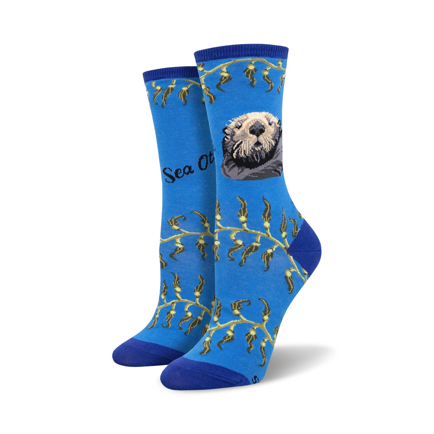 Crew socks in blue featuring a sea otter, kelp design, and 'Sea Otter' text.