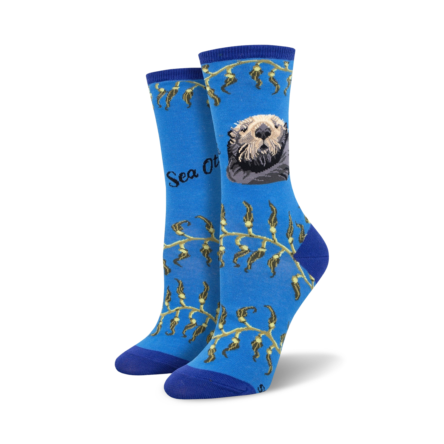 Crew socks in blue featuring a sea otter, kelp design, and 'Sea Otter' text.