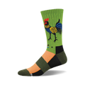 Crew socks in green, orange, black featuring a folk art style rooster illustration. The rooster is multicolored with yellow, blue and red accents.