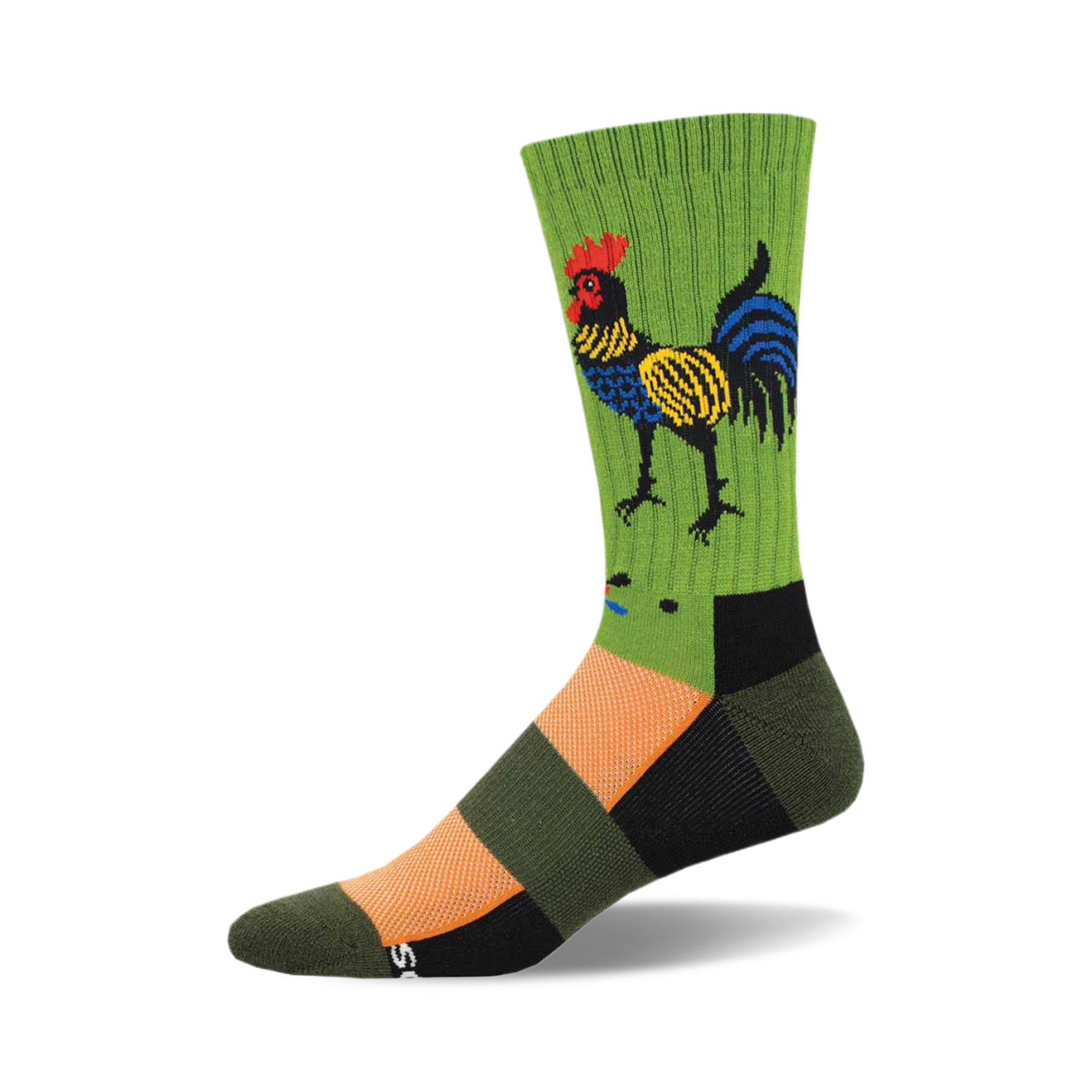 Crew socks in green, orange, black featuring a folk art style rooster illustration. The rooster is multicolored with yellow, blue and red accents.