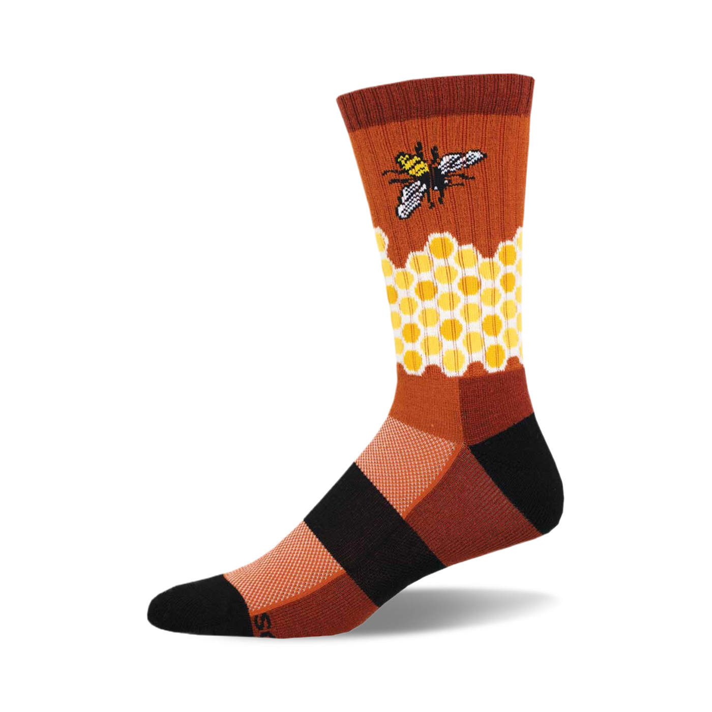 Brown and gold crew socks with a honeycomb pattern and a bee illustration.  Cozy and stylish!
